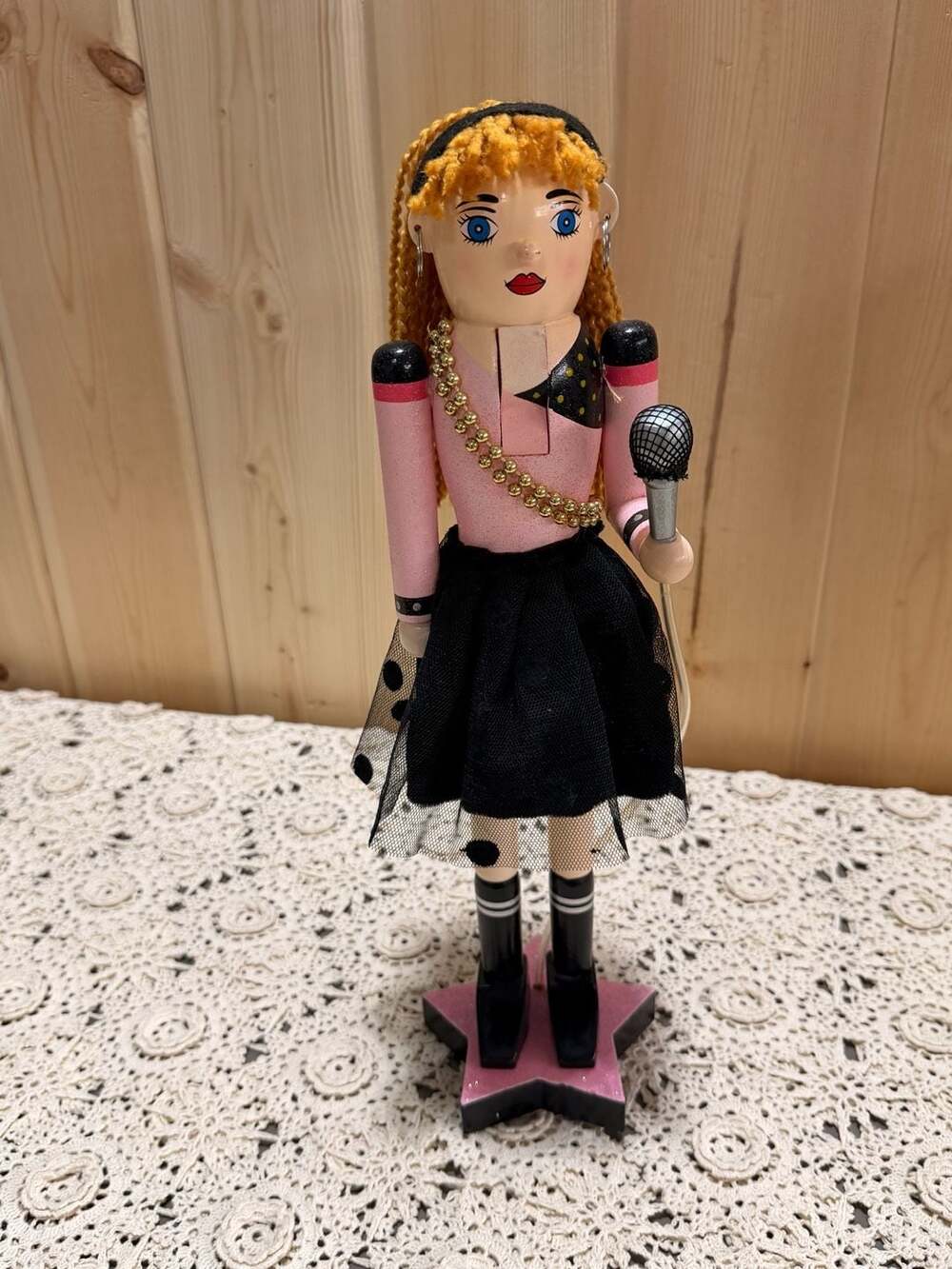 Novelty Fun Pink Rock Star Wooden Nutcracker With Microphone & Tutu